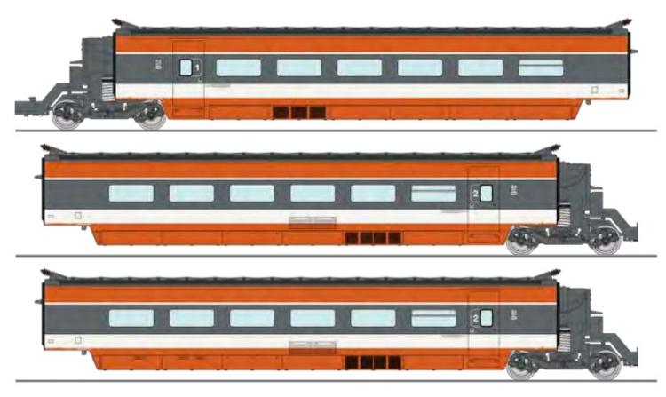 ENSEMBLE DE 3 ÉLÉMENTS : REMORQUES R2 + R5 + R6 TGV PARIS SUD EST RAME ORIGINE SUSPENSIONS Ã€ RESSORTS - SNCF - ANALOGIQUE ET DCC - (A RESERVER)