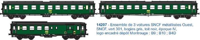 ENSEMBLE DE 3 VOITURES METALLISEES OUEST EP IVa A PARTIR DE 1969 SNCF (A RESERVER)