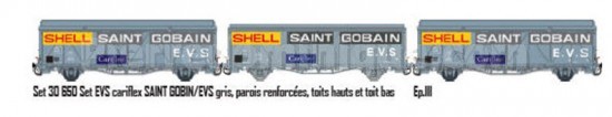 *PROMOS* - COFFRET DE 3 WAGONS COUVERT E.V.S GRIS TOIT HAUT/TOIT BAS PAROIS RENFORCEES ''SHELL/ST-GOBAIN/CARIFLEX'' SNCF