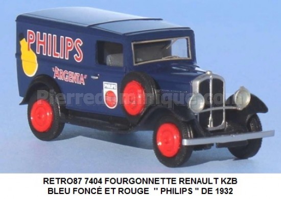 FOURGONNETTE RENAULT KZB BLEU FONCÉ ET ROUGE  '' PHILIPS &quot; DE 1932