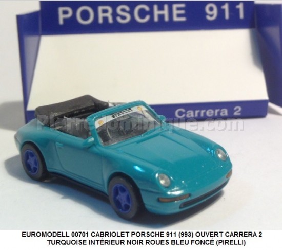 CABRIOLET PORSCHE 911 (993) OUVERT CARRERA 2  TURQUOISE INTÉRIEUR NOIR ROUES BLEU FONCÉ (PIRELLI)