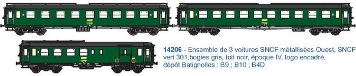 ENSEMBLE DE 3 VOITURES METALLISEES OUEST EP IVa A PARTIR DE 1969 SNCF (A RESERVER)