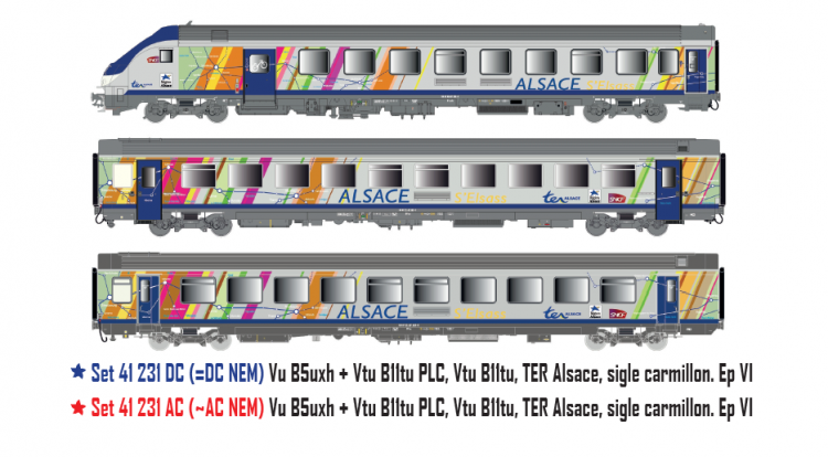 *PROMOS* - SET VOITURES VOYAGEURS / PILOTE VTU B5uxh TER ALSACE SNCF - 3 ELEMENTS