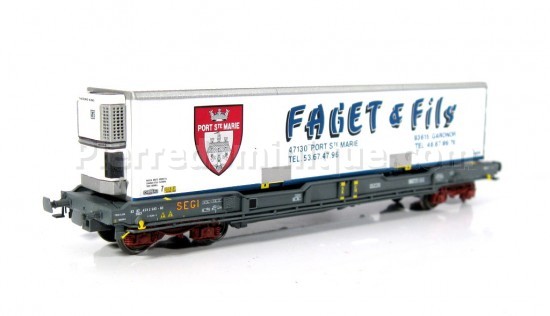 Wagon porte conteneur à bogies type KM, caisse mobile Frigorifique \'\'FAGET\'\' SNCF
