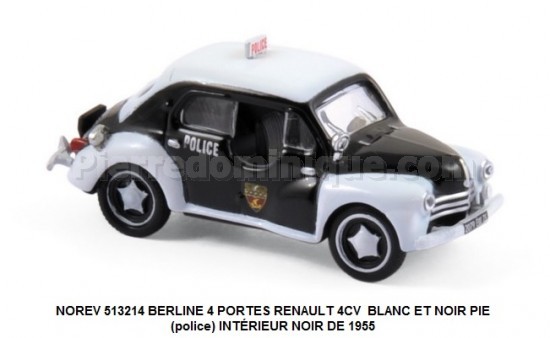 BERLINE 4 PORTES RENAULT 4CV BLANC ET NOIR PIE (police) INTÉRIEUR NOIR DE 1955