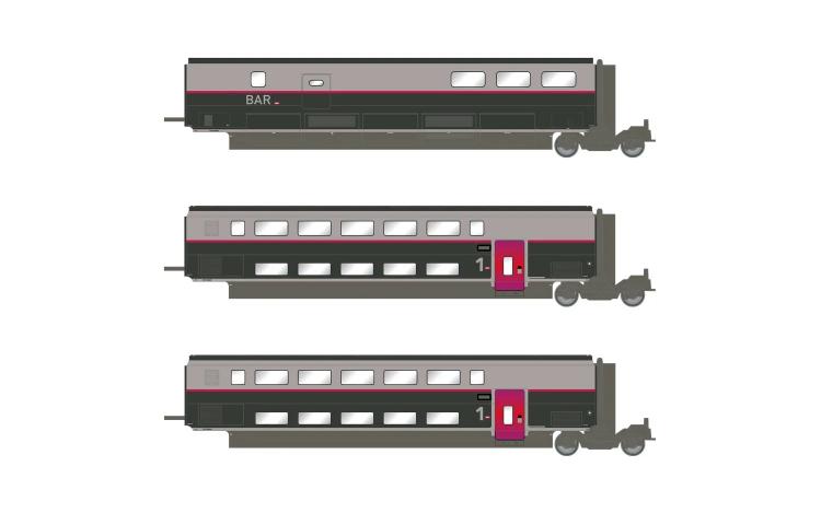 SET DE 3 VOITURES INTERMEDIAIRES 1°CL ET VOITURE BAR TGV DUPLEX CARMILLON SNCF - (A RESERVER)