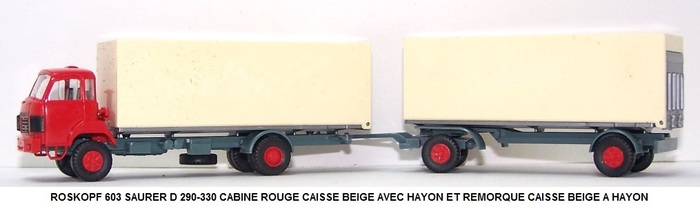 SAURER D 290-330 CABINE ROUGE CAISSE BEIGE AVEC HAYON ET REMORQUE CAISSE BEIGE A HAYON