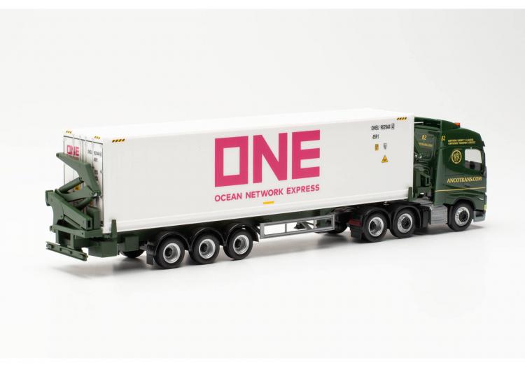 TRACTEUR VOLVO FH GL XL 2020 VERT FONCE 6X2 ANCOTRANS SEMI-REMORQUE CONTAINAIRE ( ONE ) BLANC AVEC CHARGEUSE LATERALE