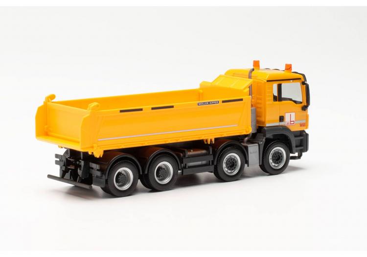 PORTEUR MAN TGS M Euro 6 AVEC BENNE DE CHANTIER ORANGE 4 ESSIEUX MAX BOGL
