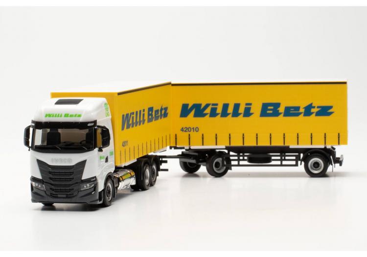 CAMION PORTEUR IVECO S-WAY LNG AVEC REMORQUE 2 ESSIEUX BACHE WILLI BETZ BLANC ET JAUNE