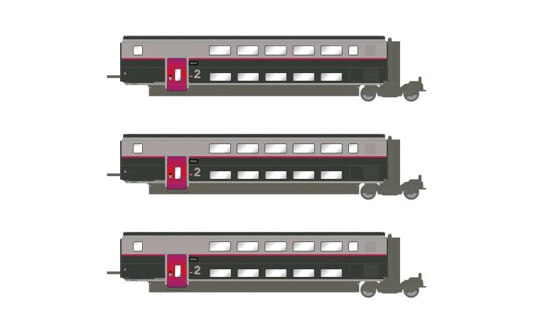 SET DE 3 VOITURES INTERMEDIAIRES 2°CL TGV DUPLEX CARMILLON SNCF - (A RESERVER)