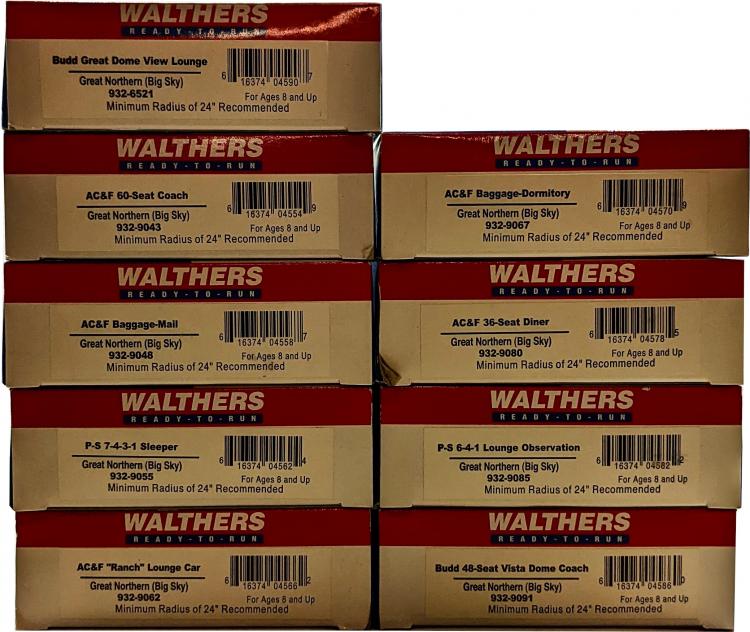 RAME COMPLETE DE 7 ELEMENTS VOITURES VOYAGEURS / FOURGON / DOME GREAT NORTHERN BIG SKY