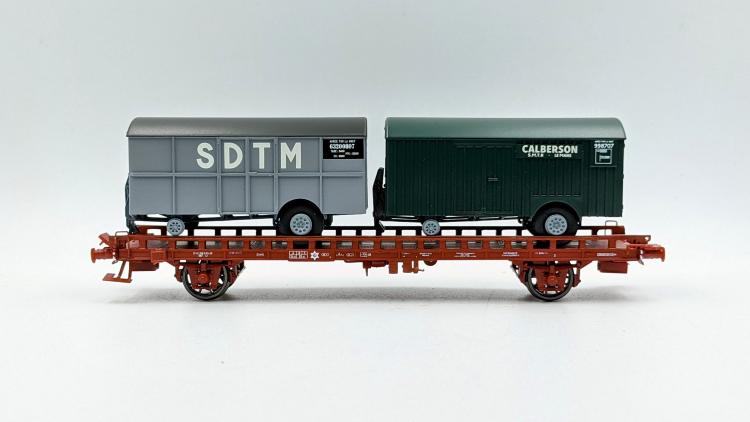 *PROMOS* - WAGON PLAT UFR BIPORTEURS N°21 87 040 0 143-6 SNCF + 2 REMORQUES FOURGONS SDTM  CALBERSON