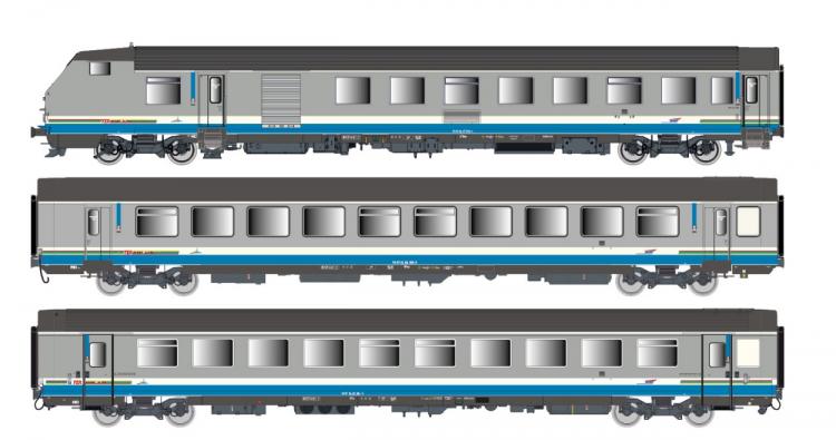 SET DE 3 VOITURES VOYAGEURS/PILOTE VU B6DUX + VTU B10TUX + VTU A10TU, LIVRÉE TER RHÔNE-ALPES, LOGO CASQUETTE SNCF DC - (A RESERVER)