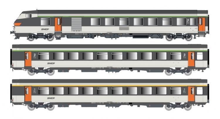 SET DE 3 VOITURES VOYAGEURS/PILOTE VU B6DUX + VTU B11TU + VTU A10TU, LIVRÉE CORAIL D’ORIGINE, LOGO NOUILLE SNCF AC - (A RESERVER)