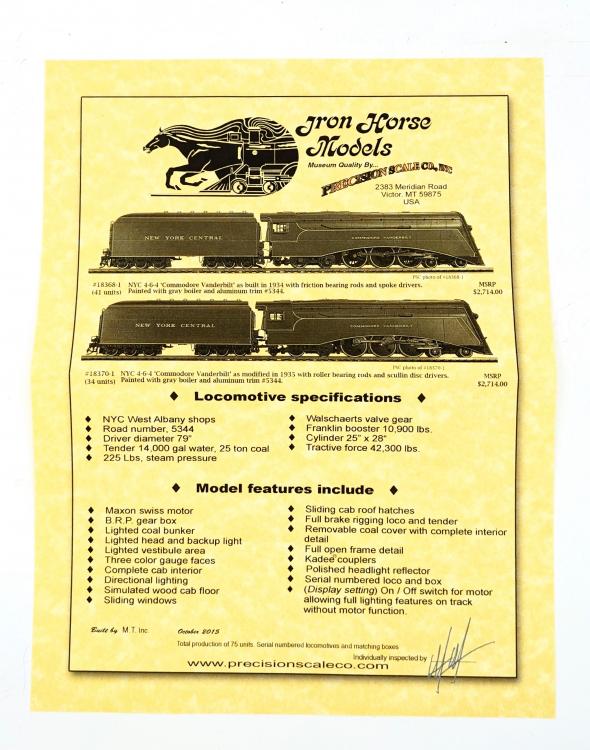 LOCOMOTIVE A VAPEUR 4-6-4 COMMODORE VANDERBILT AVEC TENDER NEW YORK CENTRAL EN LAITON - IRON HORSE MODELS