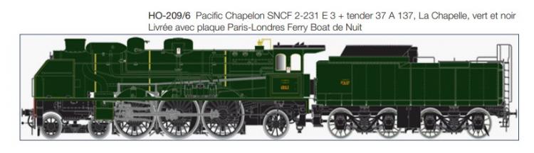 LOCOMOTIVE A VAPEUR PACIFIC CHAPELON SNCF 2-231 E 3 + TENDER 37 A 137, LA CHAPELLE, VERT ET NOIR - DIGITAL SOUND LOKSOUND - (A RESERVER )