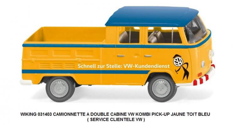 CAMIONNETTE A DOUBLE CABINE VW KOMBI PICK-UP JAUNE TOIT BLEU ( SERVICE CLIENTELE VW )