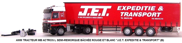 TRACTEUR MB ACTROS L SEMI-REMORQUE BCHÉE ROUGE ET BLANC "J.E.T. EXPEDITIE & TRANSPORT" (B)