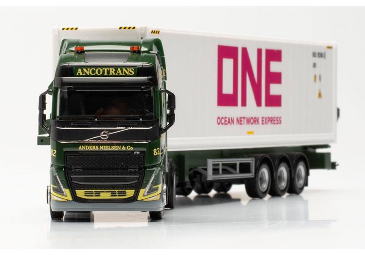 TRACTEUR VOLVO FH GL XL 2020 VERT FONCE 6X2 ANCOTRANS SEMI-REMORQUE CONTAINAIRE ( ONE ) BLANC AVEC CHARGEUSE LATERALE