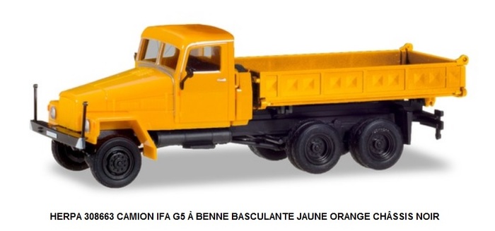 CAMION IFA G5 A BENNE BASCULANTE JAUNE ORANGE CHSSIS NOIR