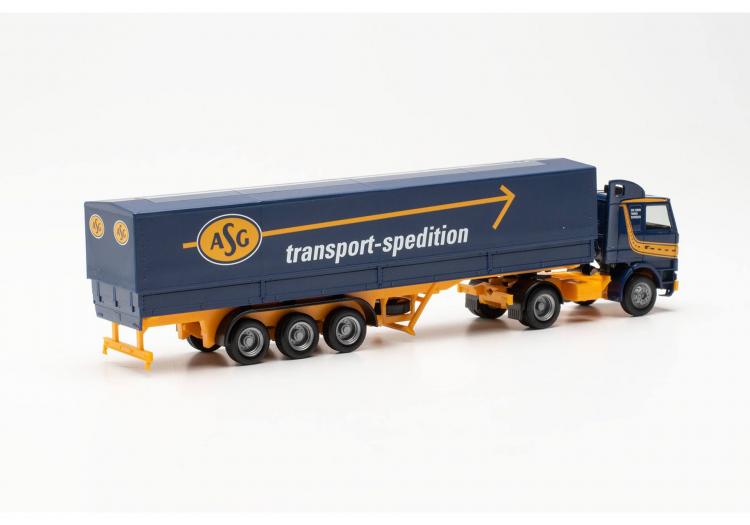 SEMI-REMORQUE SCANIA 142 REMORQUE BACHE ASG TRANSPORT SPEDITION BLEU ET JAUNE