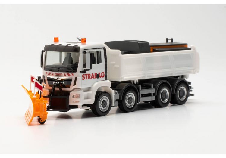 MAN TGS M 4 ESSIEUX PORTEUR BENNE MEILLER BLANC STRABAG AVEC CHASSE NEIGE ET SALEUSE