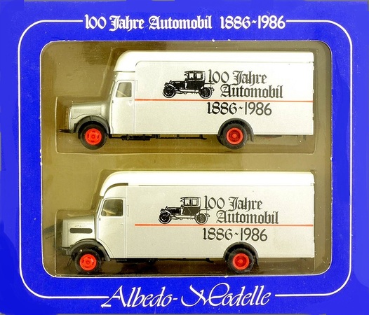 ALBEDO 100 ANS D'AUTOMOBILE 1886 - 1986 SET DE 2 PORTEURS MERCEDES BENZ MB L311 ET MAN F7 ARGENT MÉTALLISÉ TOIT BLANC