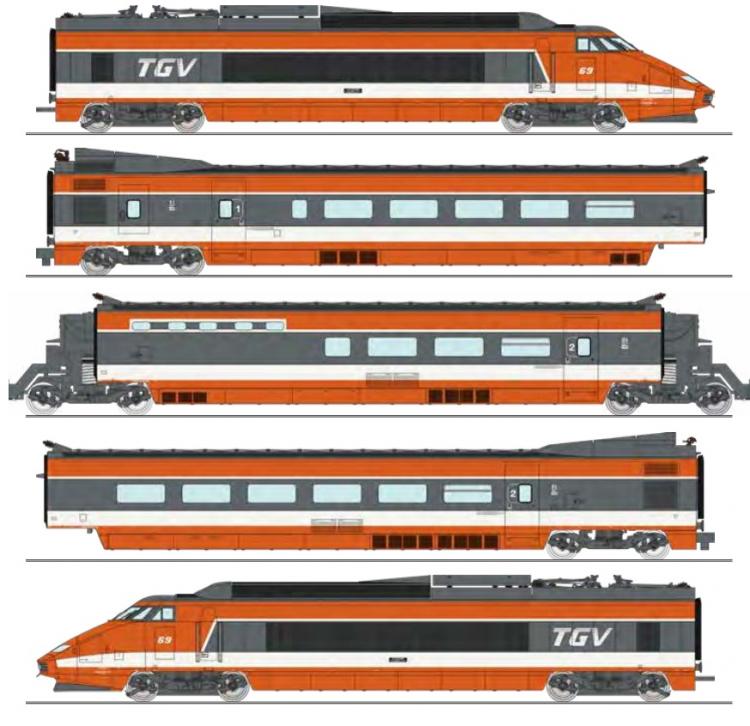 TGV PARIS SUD EST RAME ORIGINE N°69 SUSPENSIONS Ã€ RESSORTS DE 5 ÉLÉMENTS : 2 MOTRICES + REMORQUES R1 + R8 + R4 BAR SNCF - AC 3 RAILS DIGITAL SOUND - (A RESERVER)