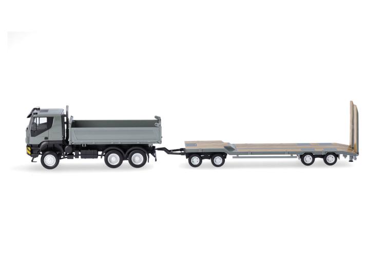 PORTEUR IVECO TRAKKER 6X6 A BENNE AVEC REMORQUE TU4 PORTE CHAR GRIS