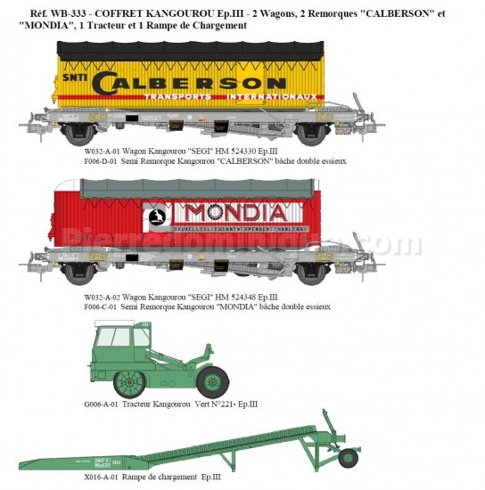 COFFRET KANGOUROU Ep.III - 2 Wagons, 2 Remorques .CALBERSON. et .MONDIA 1 Tracteur et 1 Rampe de Chargement