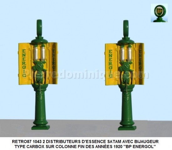 2 DISTRIBUTEURS D'ESSENCE SATAM AVEC BIJAUGEUR TYPE CARBOX SUR COLONNE FIN DES ANNÉES 1920 ''BP ENERGOL''