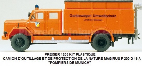 KIT PLASTIQUE CAMION D'OUTILLAGE PROTECTION DE LA NATURE MAGIRUS F 200 D 16 A "POMPIERS DE MUNICH"