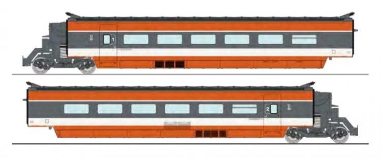 ENSEMBLE DE 2 ÉLÉMENTS : REMORQUES R3 + R7 TGV PARIS SUD EST RAME ORIGINE SUSPENSIONS Ã€ RESSORTS - SNCF - AC 3 RAILS SOUND - (A RESERVER)