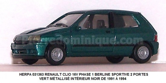 RENAULT CLIO 16V PHASE 1 BERLINE SPORTIVE 2 PORTES VERT MÉTALLISÉ INTÉRIEUR NOIR DE 1991 Ã€ 1994