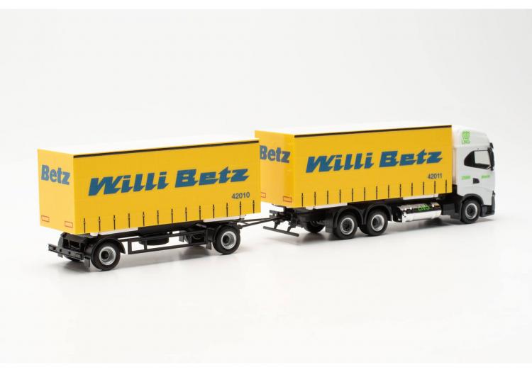 CAMION PORTEUR IVECO S-WAY LNG AVEC REMORQUE 2 ESSIEUX BACHE WILLI BETZ BLANC ET JAUNE