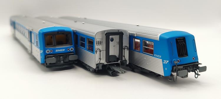 SET RAME REVERSIBLE REGIONALE BDX + BZ + AB, BLEU / INOX, LOGO NOUILLE, 3 ÉLÉMENTS, TER RÉGION RHONE-ALPES, 4 PHARES N°37 SNCF