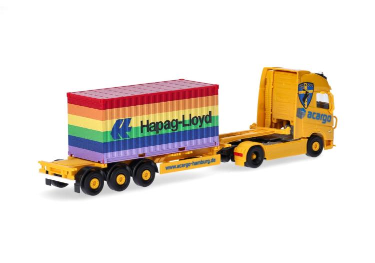 TRACTEUR MERCEDES BENZ VOLVO FH GL XL 2020 ACARGO HAMBOURG AVEC CHASSIS PORTE CONTENEUR 1 20FT HAPAG LLOYD RAINBOW