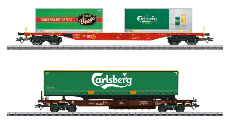 ENSEMBLE DE 2 WAGONS POCHE + SEMI REMORQUE CARLSBERG  PORTE CONTENEURS DB + 2 CONTENEURS TUBORG  CALSBERG