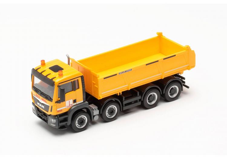 PORTEUR MAN TGS M Euro 6 AVEC BENNE DE CHANTIER ORANGE 4 ESSIEUX MAX BOGL