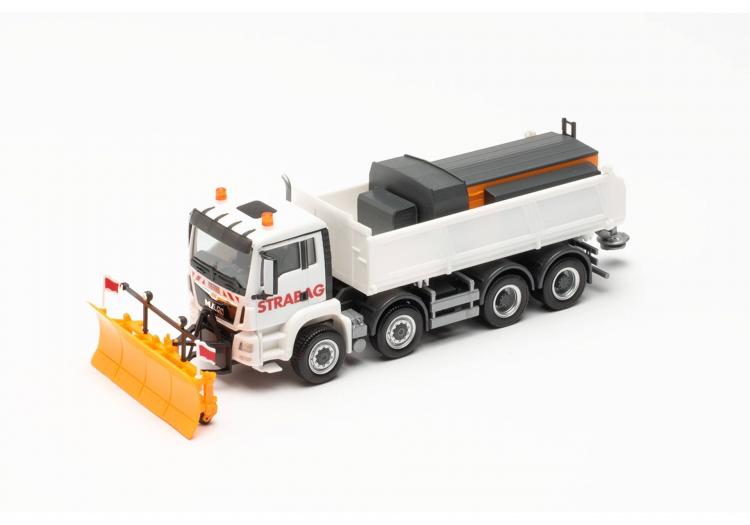 MAN TGS M 4 ESSIEUX PORTEUR BENNE MEILLER BLANC STRABAG AVEC CHASSE NEIGE ET SALEUSE