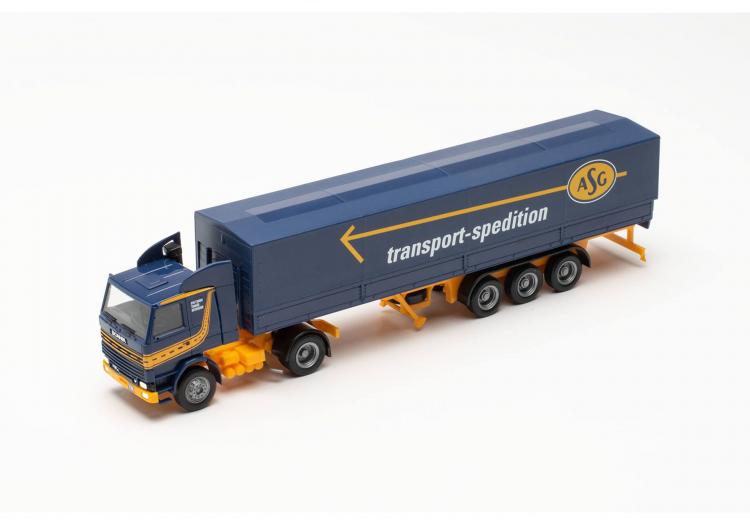 SEMI-REMORQUE SCANIA 142 REMORQUE BACHE ASG TRANSPORT SPEDITION BLEU ET JAUNE