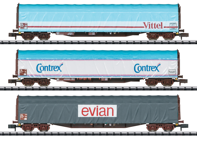 *PROMOS* - SET DE 3 WAGONS A BACHE COULISSANTE TRANSPORT D EAU MINERALE RILS SNCF