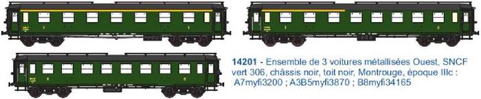 ENSEMBLE DE 3 VOITURES METALLISEES OUEST EP IIIC 1956-1962 SNCF (A RESERVER)