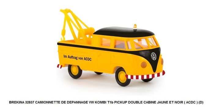 CAMIONNETTE DE DEPANNAGE VW KOMBI T1b PICKUP DOUBLE CABINE JAUNE ET NOIR ( ACDC ) (D)