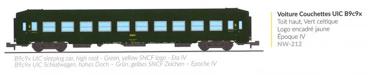 VOITURE COUCHETTES UIC B9C9X SIGLE JAUNE ENCADRE LIVREE VERT CELTIQUE SNCF - (A RESERVER)