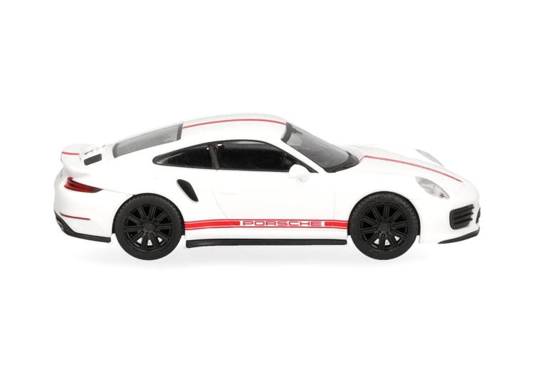 COUPÉ PORSCHE 911 TURBO BLANCHE INTÉRIEUR NOIRE SIGLE PORSCHE ROUGE SUR LE BAS DE CAISSE
