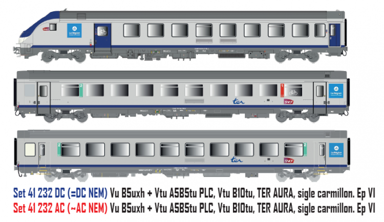 SET VOITURES VOYAGEURS / PILOTE VTU B5uxh TER AURA SNCF - 3 ELEMENTS
