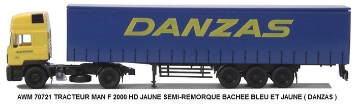 TRACTEUR MAN F 2000 HD JAUNE SEMI-REMORQUE BACHE BLEU ET JAUNE ( DANZAS )