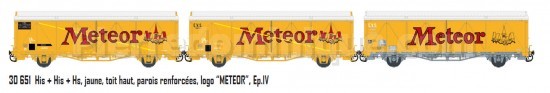 *PROMOS* - COFFRET DE 3 WAGONS COUVERT Hs E.V.S JAUNE TOIT HAUT PAROIS RENFORCEES ''METEOR'' SNCF